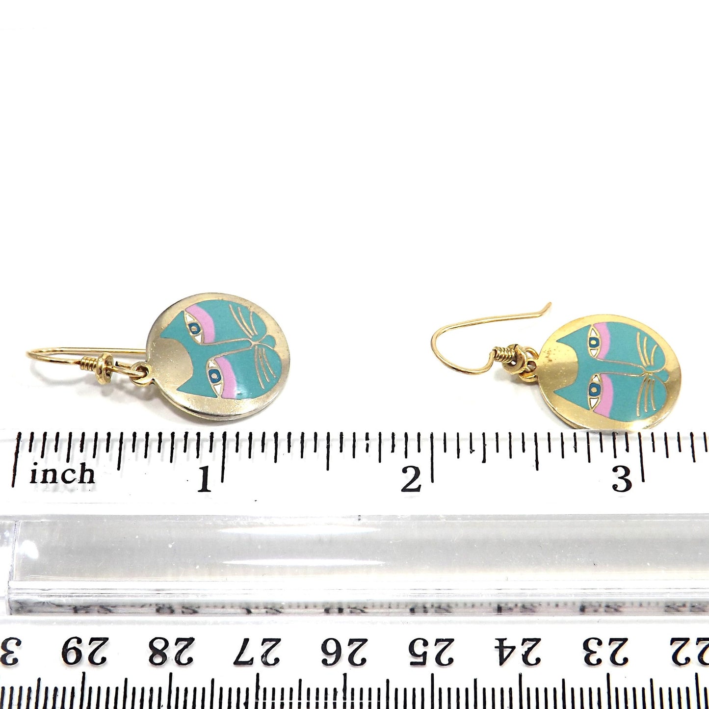 Vintage Laurel Burch "Moon Cat" Earrings, Teal Pink & Gold Cats