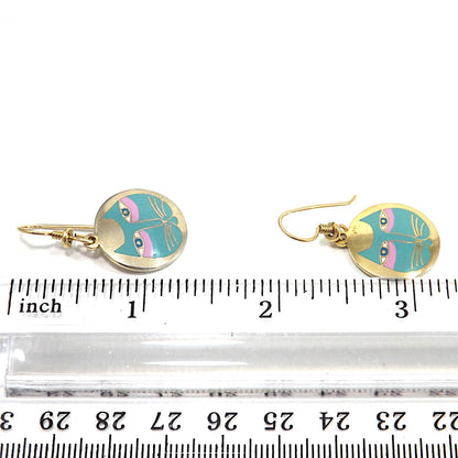 Vintage Laurel Burch "Moon Cat" Earrings, Teal Pink & Gold Cats