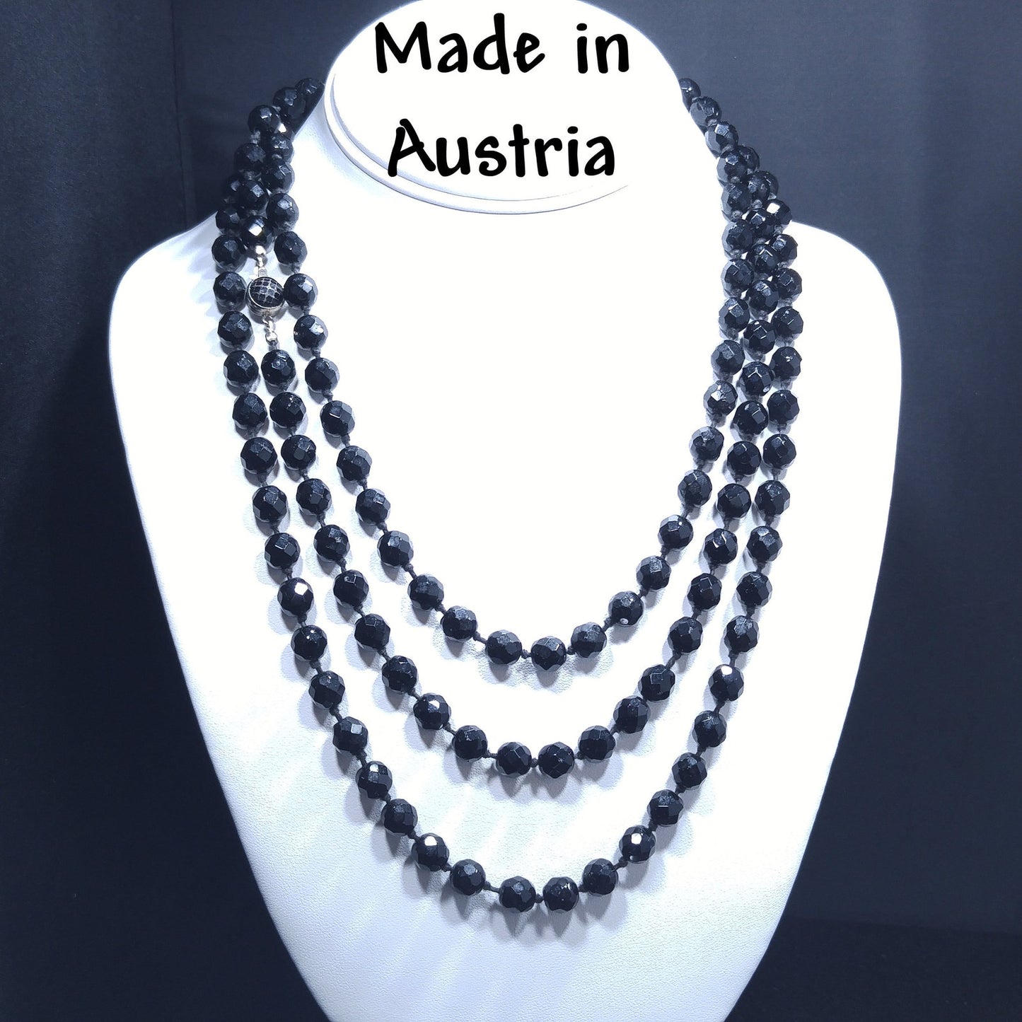 Black Crystal Beaded Necklace, Made in Austria, Hand Knotted, 1920s Vintage