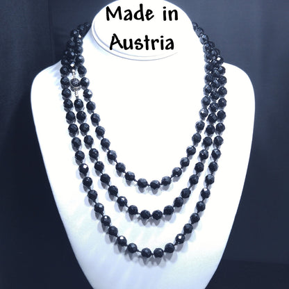 Black Crystal Beaded Necklace, Made in Austria, Hand Knotted, 1920s Vintage