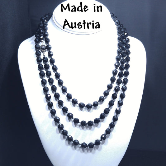 Black Crystal Beaded Necklace, Made in Austria, Hand Knotted, 1920s Vintage