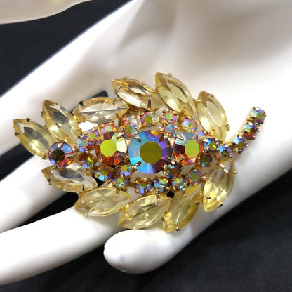 Yellow & Topaz Aurora Borealis Rhinestone Leaf Brooch, Open Back Stones, Gold Plated, 1960s Vintage Jewelry