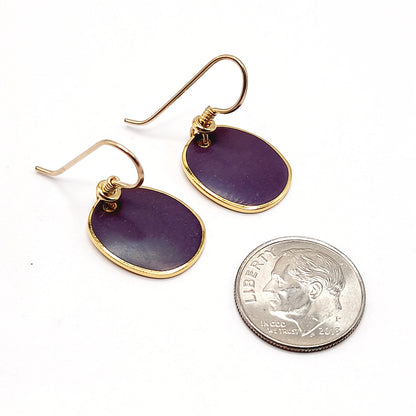 Laurel Burch Purple Enamel Earrings, Vintage Gold Plated Drop Earrings, 1980s Artistic Designer Jewelry
