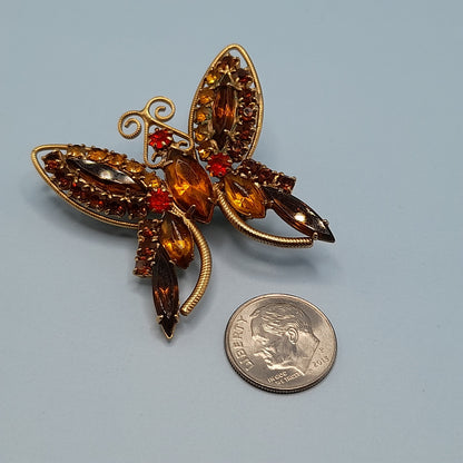 Vintage Butterfly Brooch Topaz Orange Gold Rhinestones