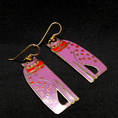 Laurel Burch "Siamese Cats" Long Earrings, Gold Plated, Purple Enamel, 1980s Vintage Jewelry