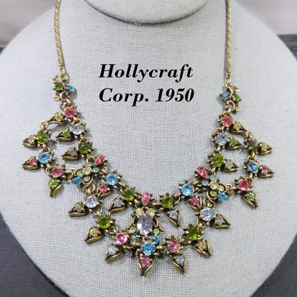 Hollycraft Pastel Rhinestone Necklace, Stamped Copr 1950, 1950s Vintage Jewelry