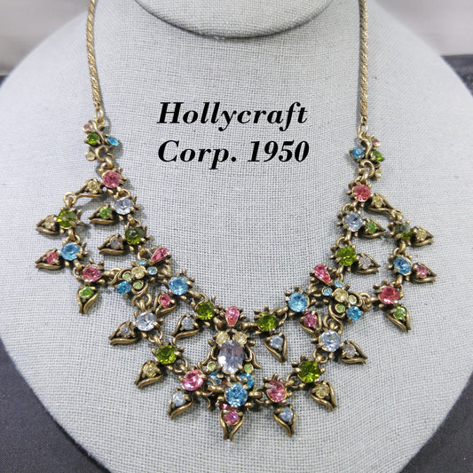 Hollycraft Pastel Rhinestone Necklace, Stamped Copr 1950, 1950s Vintage Jewelry