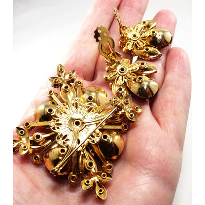Vintage Beau Jewels Root Beer Molded Glass Watermelon Rhinestone Brooch Set