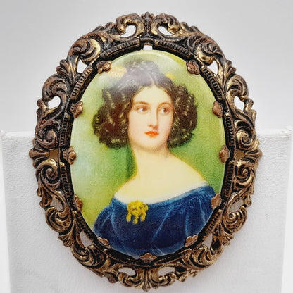 West Germany Vintage Brooch Earrings Twin Pins Set, Portrait Transfer Glass Gold Tone