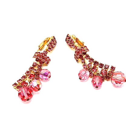 Vintage Pink Rhinestone Crystal Drop Clip On Earrings