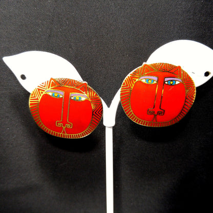 Vintage Laurel Burch "Moon Tiger" Red Post Earrings, Gold Plated