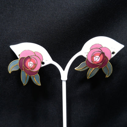 Laurel Burch "Deco Rose" Clip On Earrings, Pink Red Green Enamel, Gold Plated