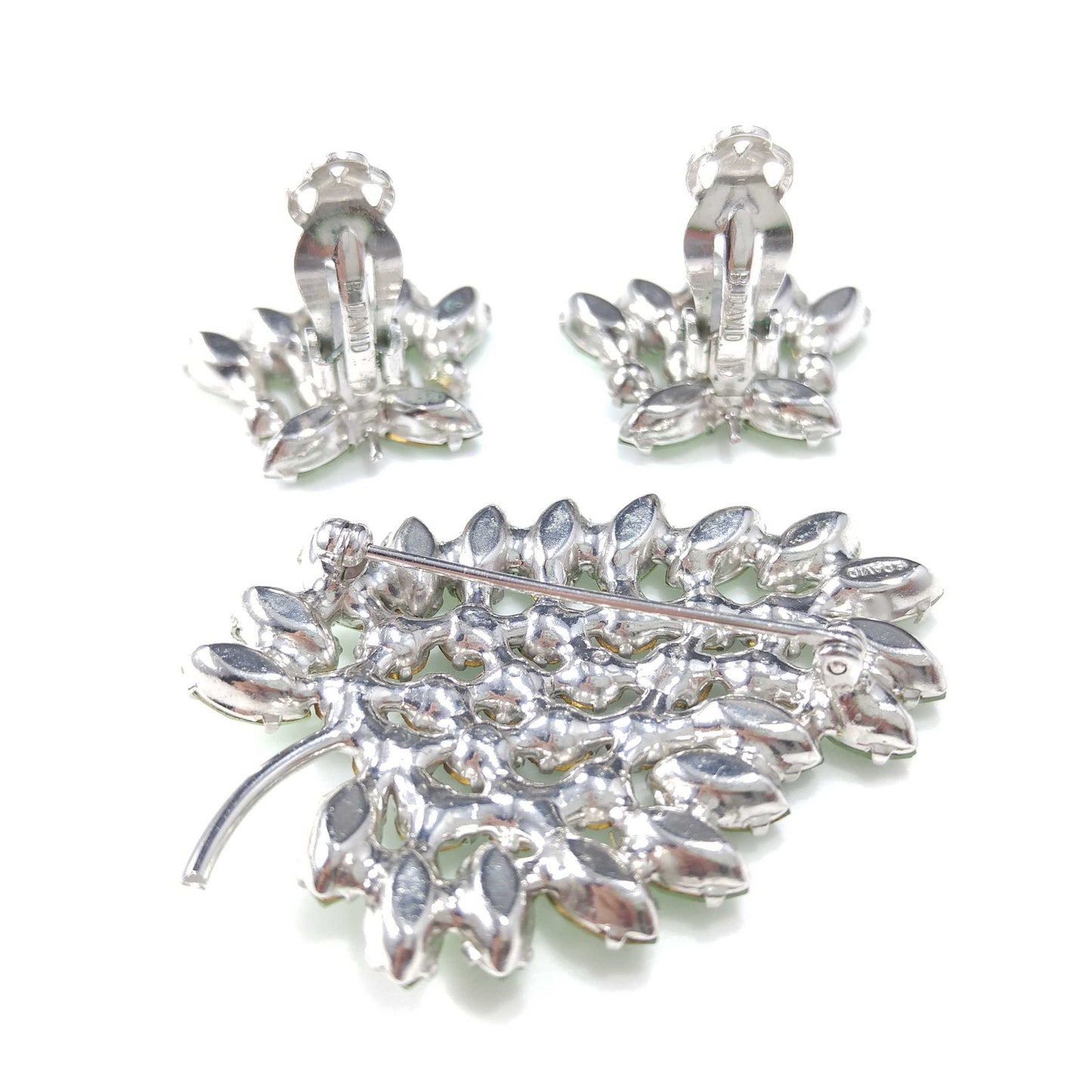 B. David Peridot Rhinestone Brooch & Earrings, Silver Tone, 1950 Vintage Jewelry