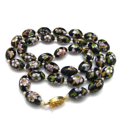 Vintage Cloisonné Beaded Necklace, Black Hand Painted Floral Beads, 1960s Vintage Jewelry