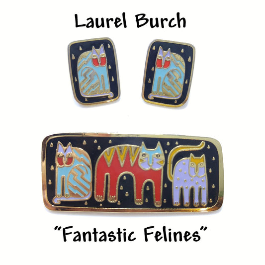 Vintage Laurel Burch "Fantastic Felines" Brooch & Earrings, 1980s