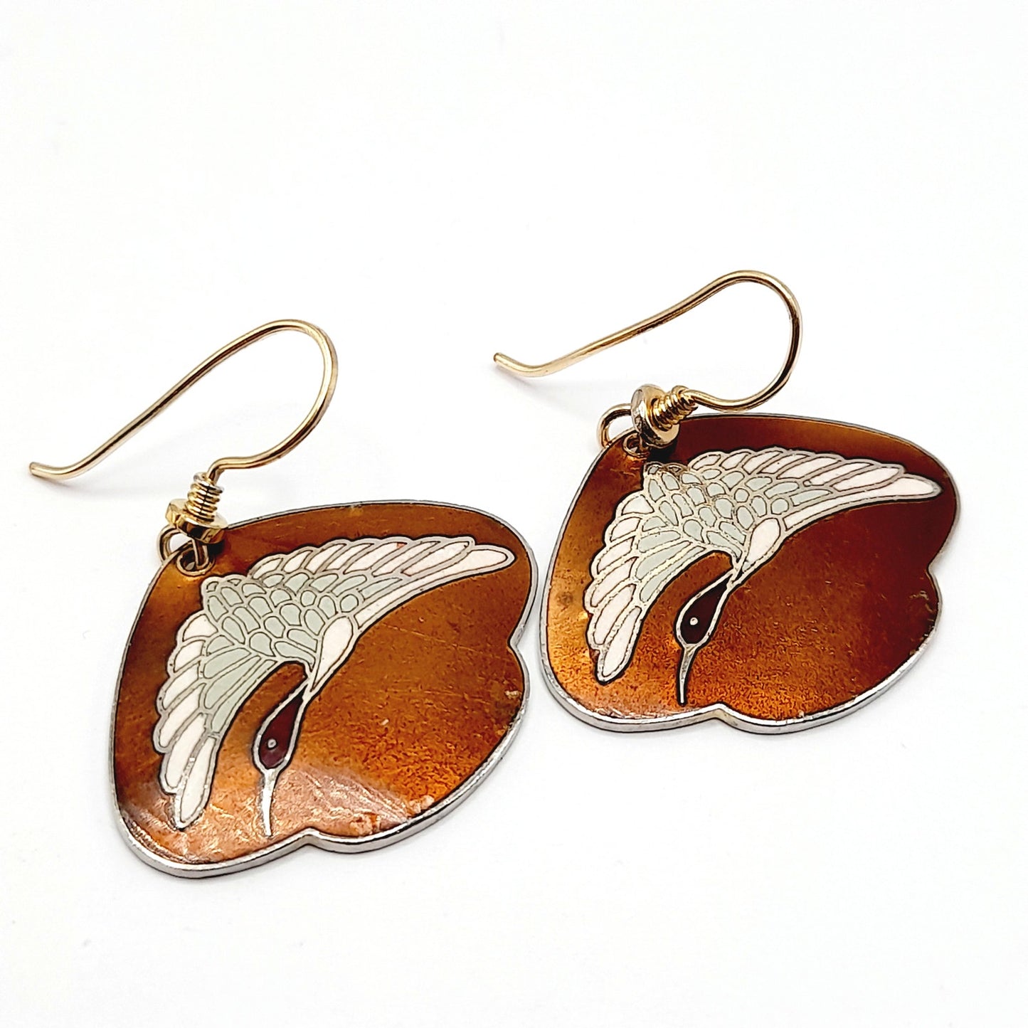Laurel Burch White Crane Earrings, Vintage Enamel Bird Jewelry, Gold Plated Dangle Earrings, 1980s Artistic Statement Jewelry