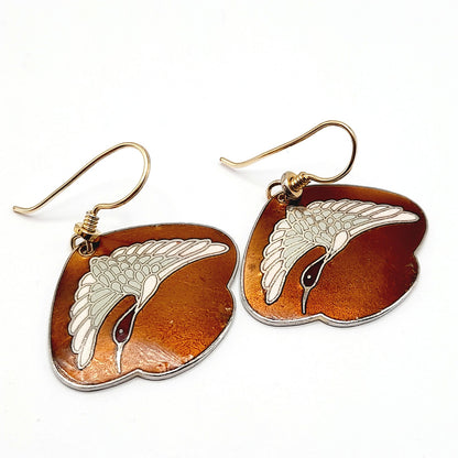 Laurel Burch White Crane Earrings, Vintage Enamel Bird Jewelry, Gold Plated Dangle Earrings, 1980s Artistic Statement Jewelry