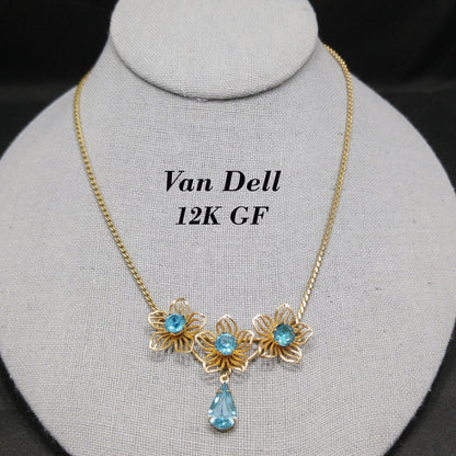 Van Dell Turquoise Rhinestone Necklace, 12K Gold Filled, 1940s Vintage Jewelry