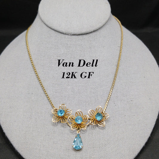 Van Dell Turquoise Rhinestone Necklace, 12K Gold Filled, 1940s Vintage Jewelry