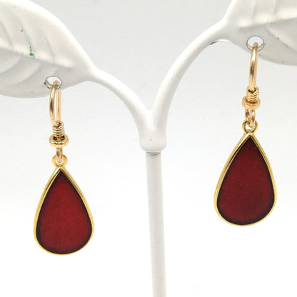 Vintage Laurel Burch Red Teardrop Earrings, Gold Plated, 1980s