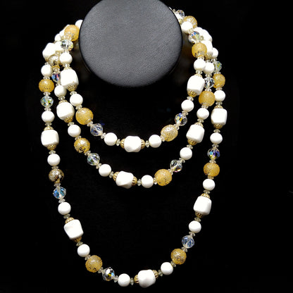 Vendome Long Beaded Crystal & Glass Necklace, Aurora Borealis, Gold Plated, 1960s Vintage Jewelry