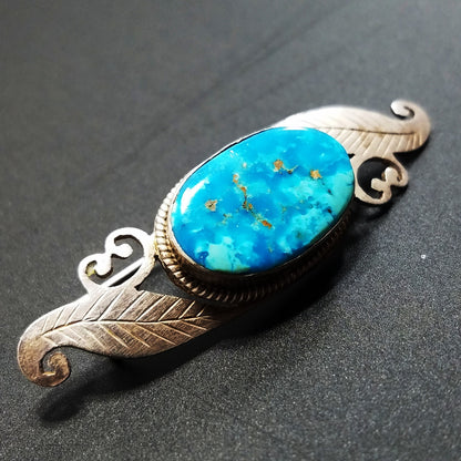 Sterling Silver Turquoise Gemstone Brooch, Bevel Set Stone, Artisan 1960s