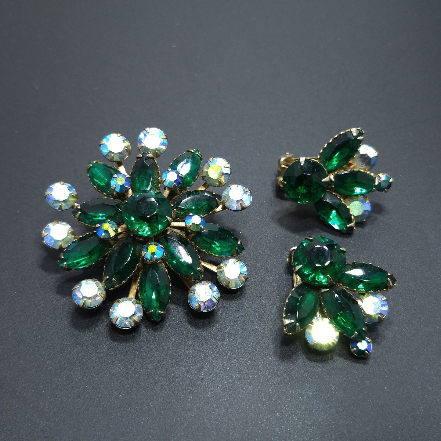 Mid-Century Green Rhinestone Flower Brooch & Earrings, Aurora Borealis, 1950s