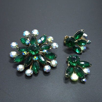 Mid-Century Green Rhinestone Flower Brooch & Earrings, Aurora Borealis, 1950s