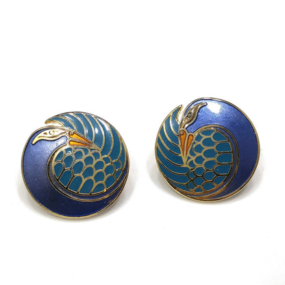 Laurel Burch "Mynah Bird" Blue Post Earrings, Gold Plated Cloisonné, 1980s