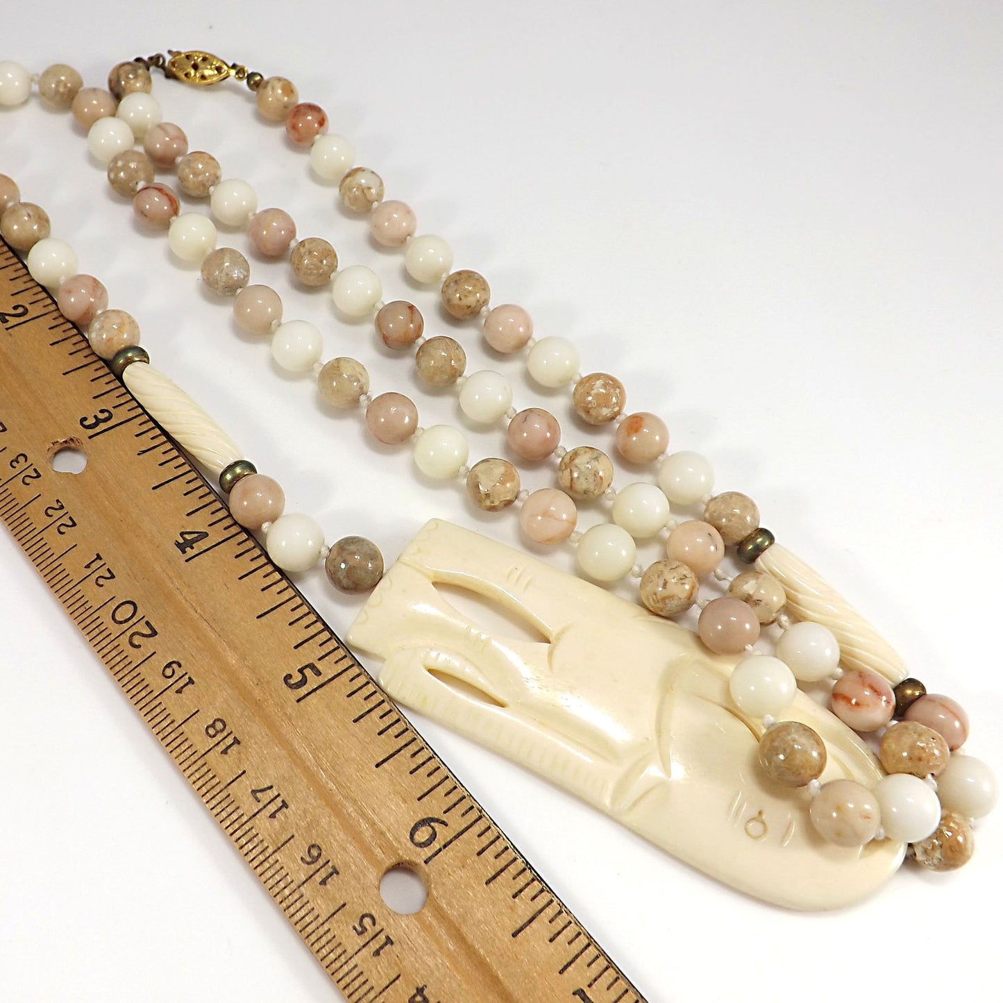 1950s Elephant Pendant Gemstone Beaded Necklace Hand Knotted 32” Vintage Jewelry