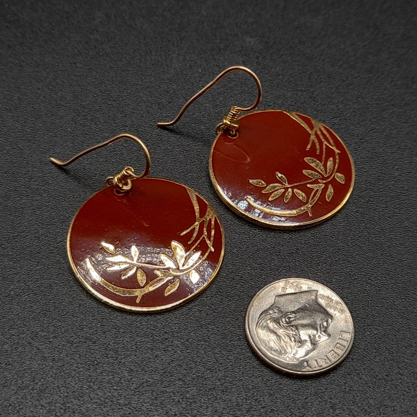 Vintage Laurel Burch Floral Drop Earrings, Red Brown Enamel, Gold Plated