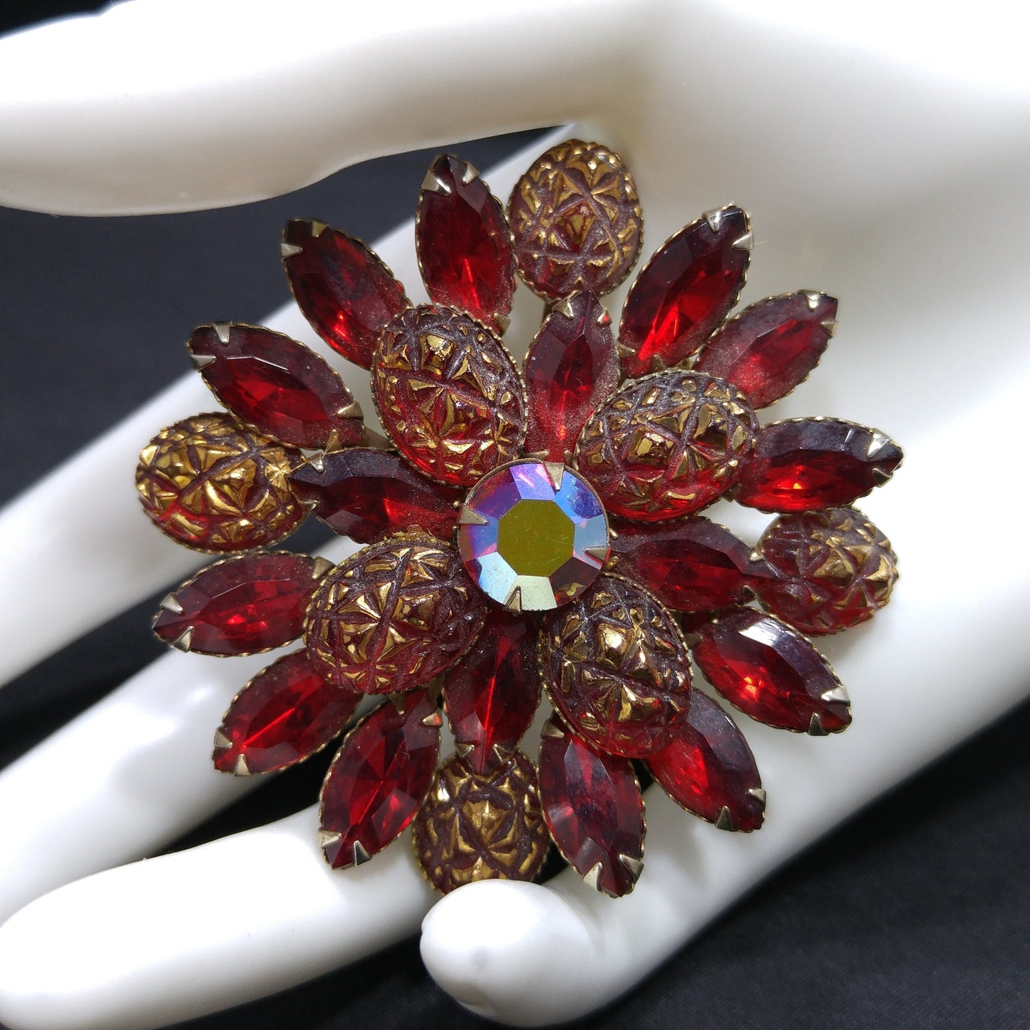 Judy Lee Red Rhinestone Brooch, Red Gold Molded Glass Petals, 1960s Vintage Jewelry