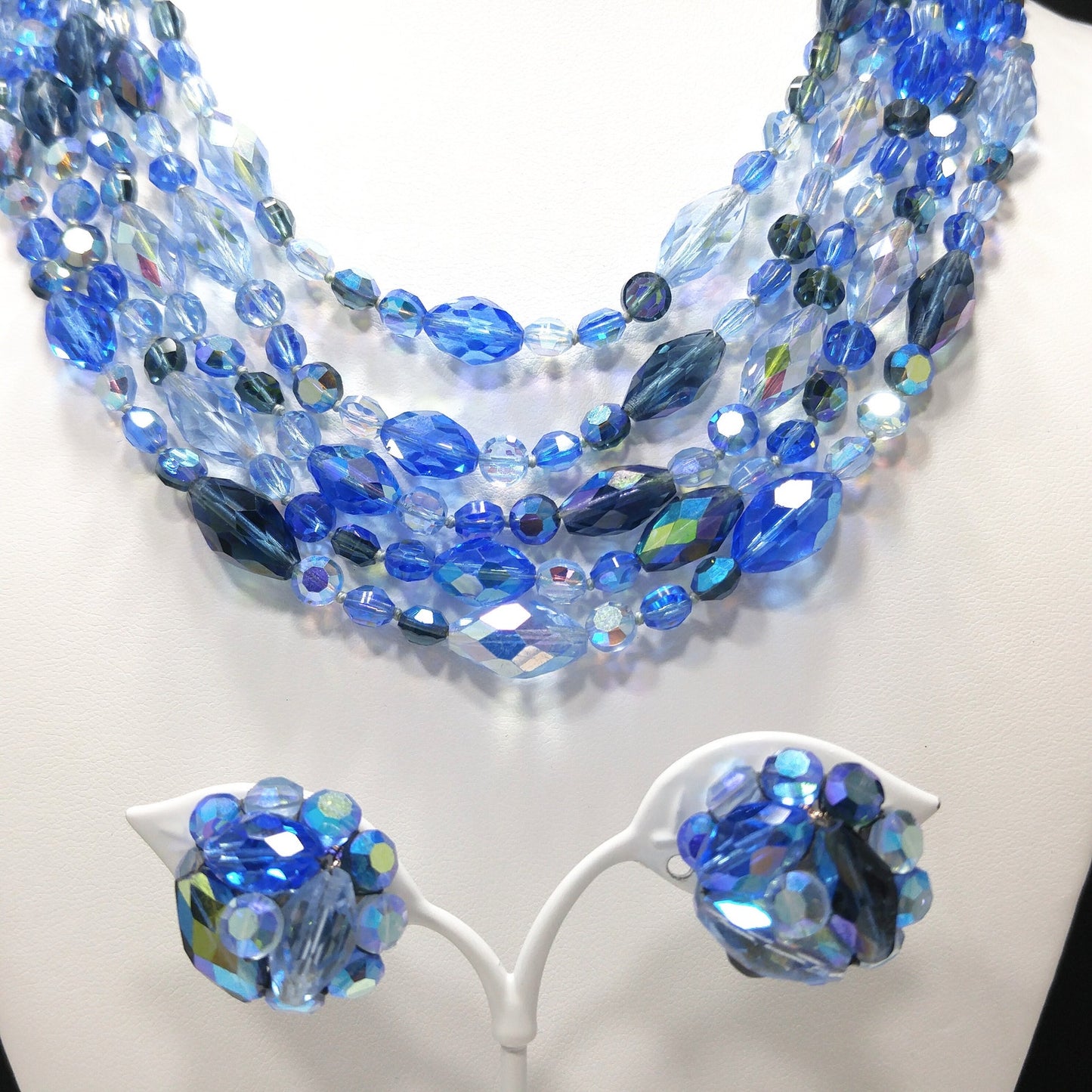 Vogue Blue Crystal Necklace & Earrings Set, Aurora Borealis, 1960s Vintage Jewelry