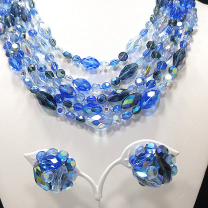 Vogue Blue Crystal Necklace & Earrings Set, Aurora Borealis, 1960s Vintage Jewelry