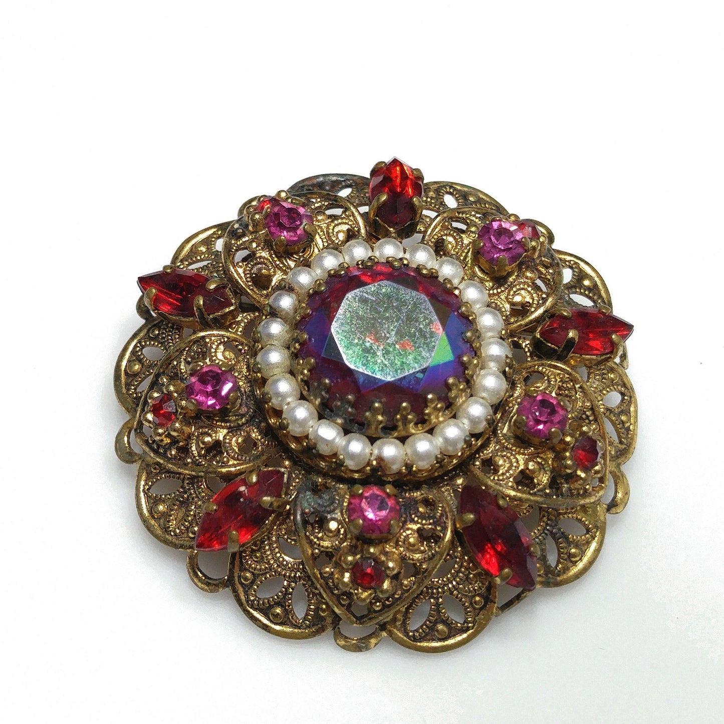 West Germany Red Fire Polished Filigree Brooch, Faux Pearls, 1950s Vintage Jewelry
