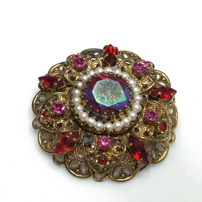 West Germany Red Fire Polished Filigree Brooch, Faux Pearls, 1950s Vintage Jewelry
