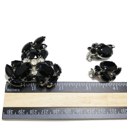 Vintage Weiss Black Rhinestone Brooch & Earrings Set 1960s Signed Demi Parure