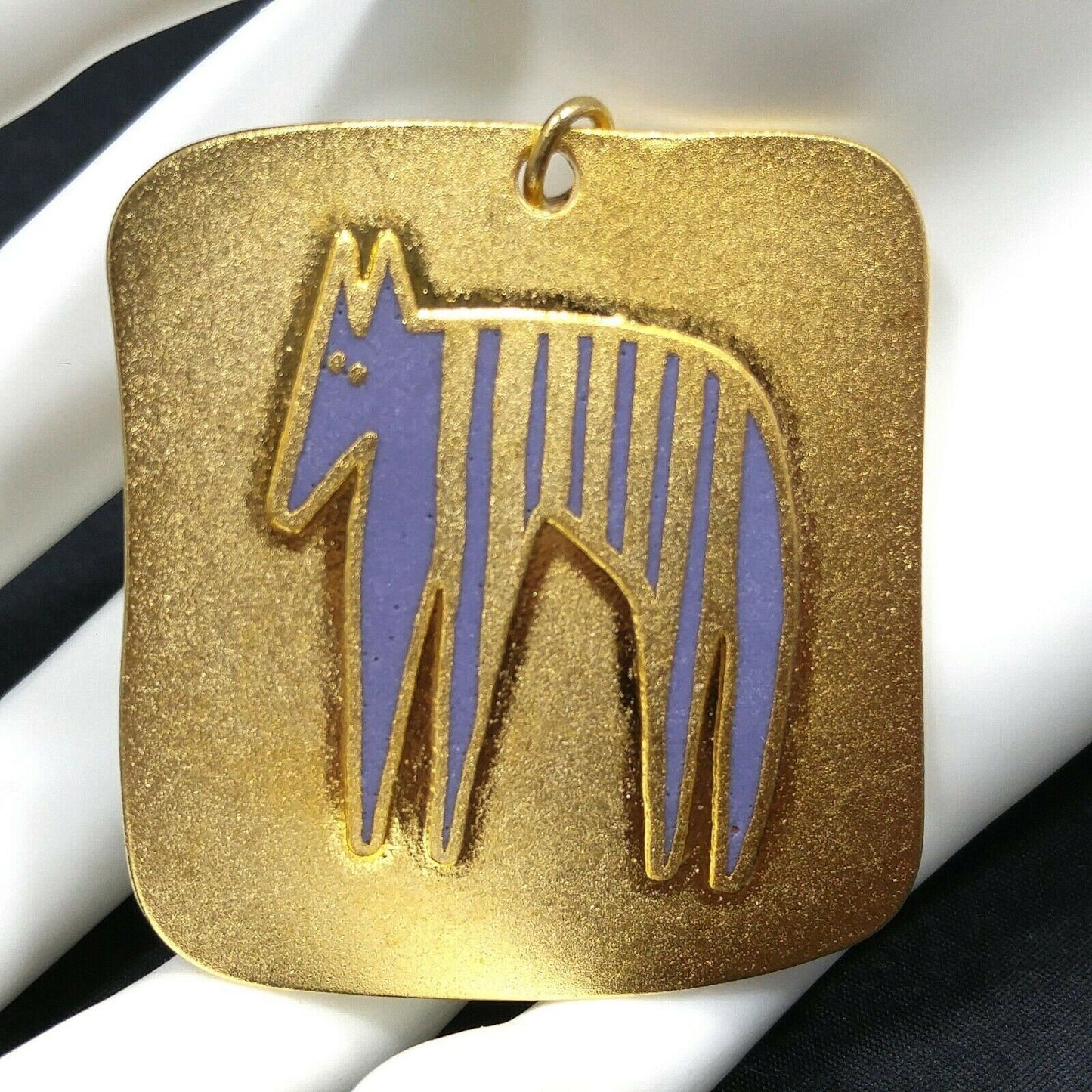 Vintage Laurel Burch "STRIPED BEAST" Large Pendant, Satin Finish, Gold Plated