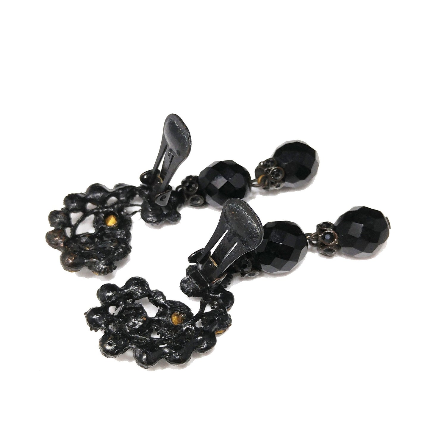 Vintage 1950s Japanned Black Crystal Rhinestone Drop Earrings