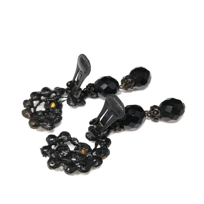 Vintage 1950s Japanned Black Crystal Rhinestone Drop Earrings