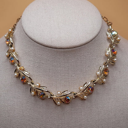 Vintage Light Topaz Rhinestone Choker Necklace, Faux Pearls, 1950s, 15 In