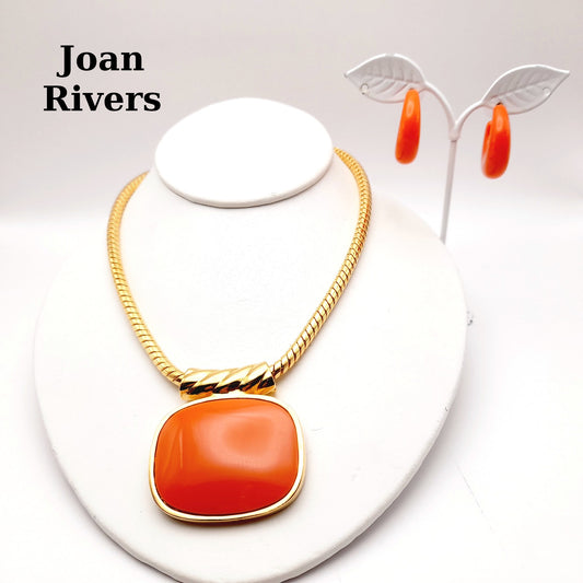 Vintage Joan Rivers Enamel Pendant Necklace & Hoop Earrings Set – Orange Lucite, 1990s Statement Jewelry