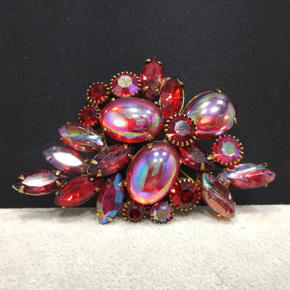 Kramer Red Iridescent Rhinestone Brooch, Aurora Borealis Rhinestones, 1960s Vintage Jewelry