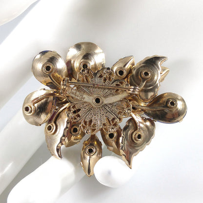 Judy Lee Purple Molded Leaves Brooch, Aurora Borealis Rhinestones, 1950s Vintage Jewelry
