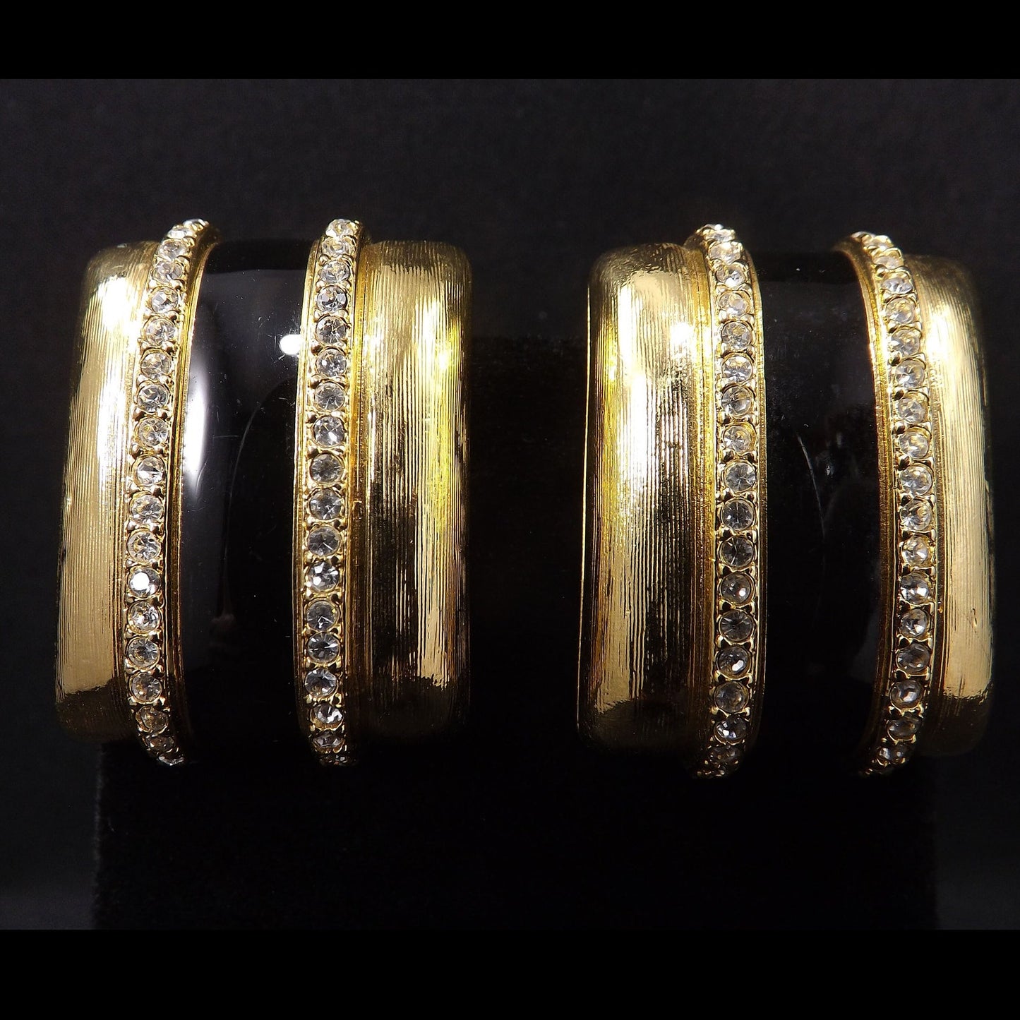 Vintage Swarovski Gold Black Enamel Clip Earrings, Crystal Rhinestones Swan Logo