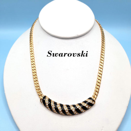 Vintage Swarovski Swan Logo Necklace – Gold Plated Black Enamel Crystal 1980s
