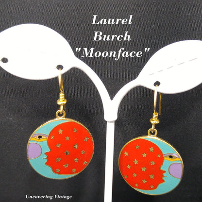 Vintage Laurel Burch "Moonface" Earrings, Moon Sky Stars Celestial, 1980s Vintage Jewelry