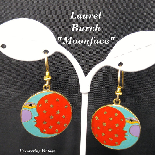 Vintage Laurel Burch "Moonface" Earrings, Moon Sky Stars Celestial, 1980s Vintage Jewelry