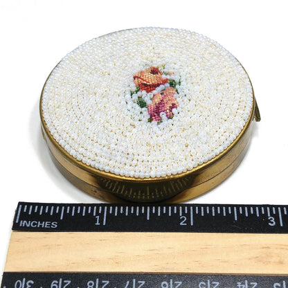 Vintage White Beaded Petitpoint Compact, Schildkraut, Coty Powder, 1950s Vintage Accessory