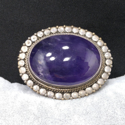 Antique Silver Purple Amethyst Brooch, Stamped 925, C Clasp, 1920s Vintage Jewelry